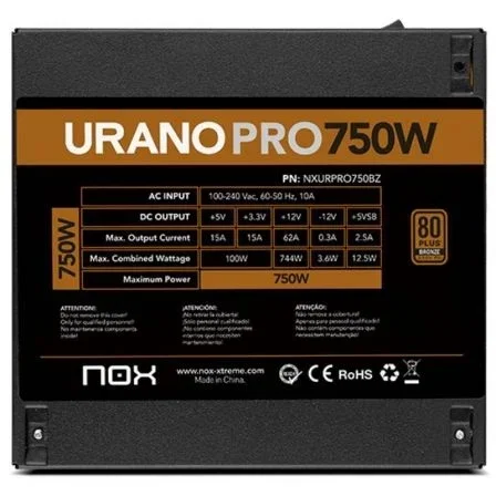Nox NXURPRO750BZ Fuente Alimentación Urano Pro 750W 80 Plus Bronze Ventilador 120mm PWM ATX Cables Planos