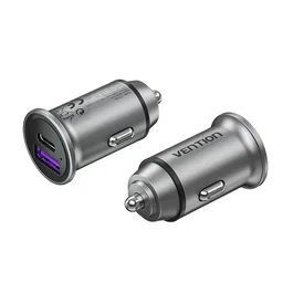 Vention Cargador de Coche FFFH0 de 30W con 1xUSB Tipo C y 1xUSB, Carga Rápida QC3.0/QC4/PD3.0, Alimentación por Encendedor, Gris Aluminio