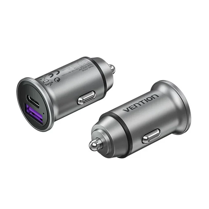 Vention Cargador de Coche FFFH0 de 30W con 1xUSB Tipo C y 1xUSB, Carga Rápida QC3.0/QC4/PD3.0, Alimentación por Encendedor, Gris Aluminio