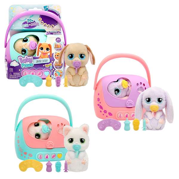 Imc Toys Peluche Baby Paws Perro Recién Nacido con Sonido y Luces, Incluye Cuna Transportín, Biberón y Accesorios, 10.3 cm