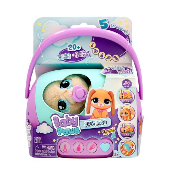 Imc Toys Peluche Baby Paws Perro Recién Nacido con Sonido y Luces, Incluye Cuna Transportín, Biberón y Accesorios, 10.3 cm