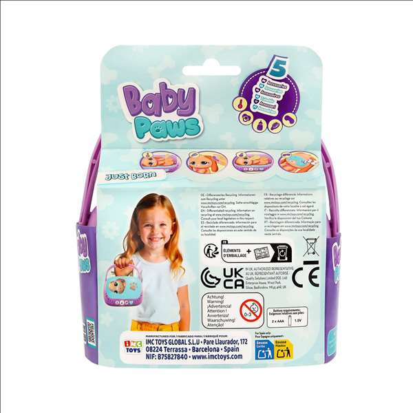 Imc Toys Peluche Baby Paws Perro Recién Nacido con Sonido y Luces, Incluye Cuna Transportín, Biberón y Accesorios, 10.3 cm