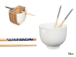 Kinvara Bowl de Gres Asiático Blanco con Palillos de Bambú para Sushi o Ensaladas - 24 x 13,3 x 10,7 cm (Set de 12)