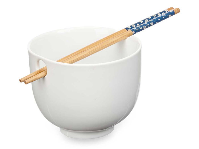 Kinvara Bowl de Gres Asiático Blanco con Palillos de Bambú para Sushi o Ensaladas - 24 x 13,3 x 10,7 cm (Set de 12)