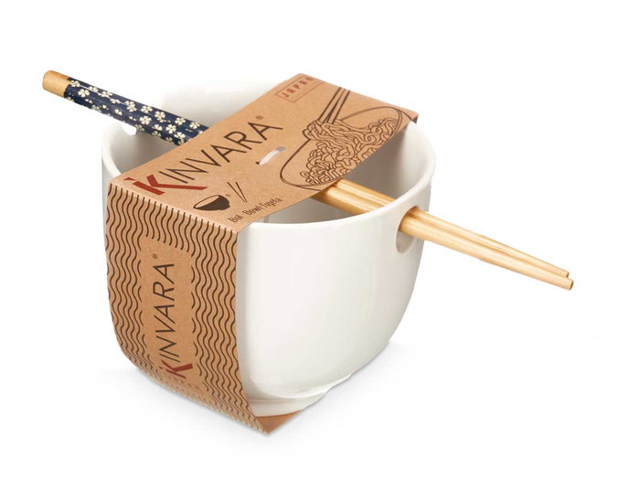 Kinvara Bowl de Gres Asiático Blanco con Palillos de Bambú para Sushi o Ensaladas - 24 x 13,3 x 10,7 cm (Set de 12)