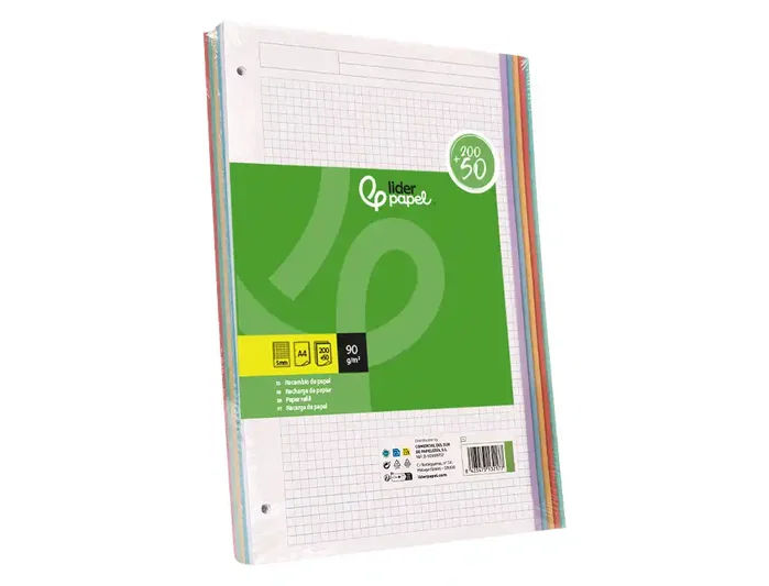 Liderpapel Recambio A4 200+50 Hojas 90gr Cuadro 5mm 4 Taladros Bandas de 5 Colores Liderpapel Recambio A4 200+50 Hojas 90gr Cuadro 5mm 4 Taladros Bandas de 5 Colores