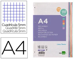 Liderpapel Recambio A4 200+50 Hojas 90gr Cuadro 5mm 4 Taladros Bandas de 5 Colores