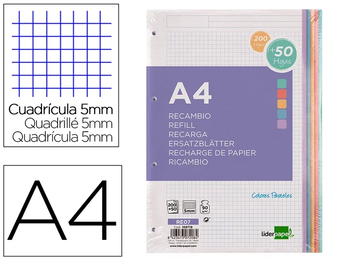 Liderpapel Recambio A4 200+50 Hojas 90gr Cuadro 5mm 4 Taladros Bandas de 5 Colores Liderpapel Recambio A4 200+50 Hojas 90gr Cuadro 5mm 4 Taladros Bandas de 5 Colores