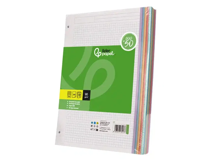 Liderpapel Recambio A4 200+50 Hojas 90gr Cuadro 5mm 4 Taladros Bandas de 5 Colores Liderpapel Recambio A4 200+50 Hojas 90gr Cuadro 5mm 4 Taladros Bandas de 5 Colores