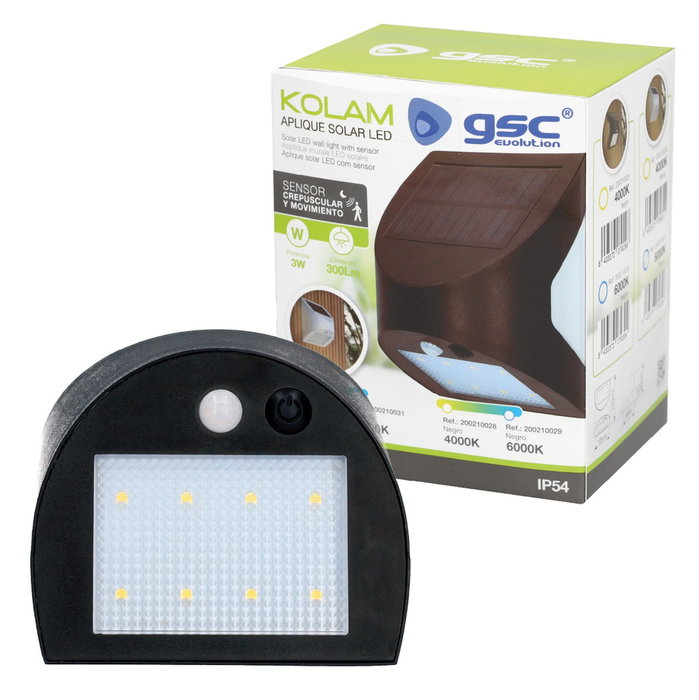 GSC Evolution Aplique solar LED Kolam 3W 4000K Negro con sensor de movimiento y crepuscular