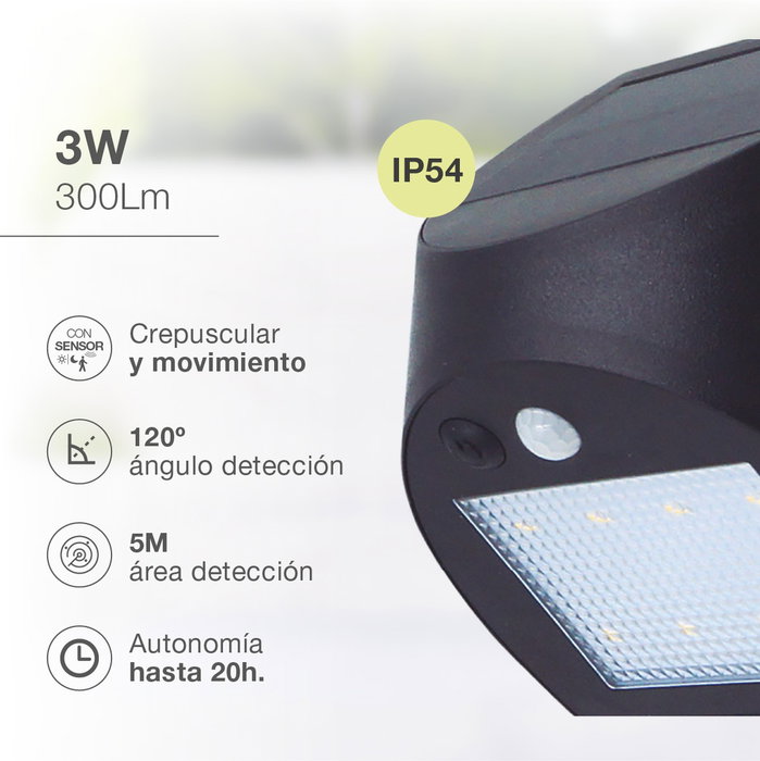 GSC Evolution Aplique solar LED Kolam 3W 4000K Negro con sensor de movimiento y crepuscular