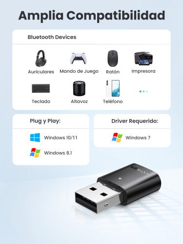 UGREEN Adaptador Bluetooth 5.0 para PC USB Plug and Play con Alta Velocidad y Largo Alcance (Hasta 60 pies), Compatible con Windows 11/10/8.1/7 - 80889