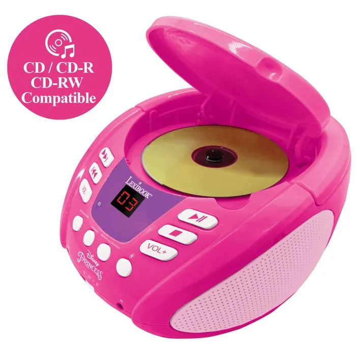 Lexibook Reproductor de CD Bluetooth Princesa de Disney con Efectos de Luz Multicolor, Compatible con Smartphones y Tablets