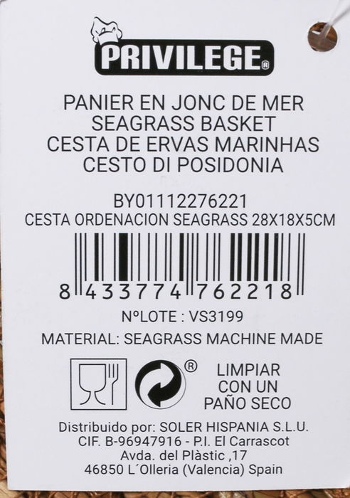 Privilege Cesta de Ordenación de Seagrass 28 cm x 18 cm x 5 cm (18 Unidades)