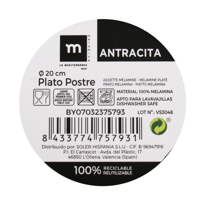 La Mediterranea Plato Postre Melamina Antracita 19.9 cm (24 Unidades) La Mediterranea Plato Postre Melamina Antracita 19.9 cm (24 Unidades)