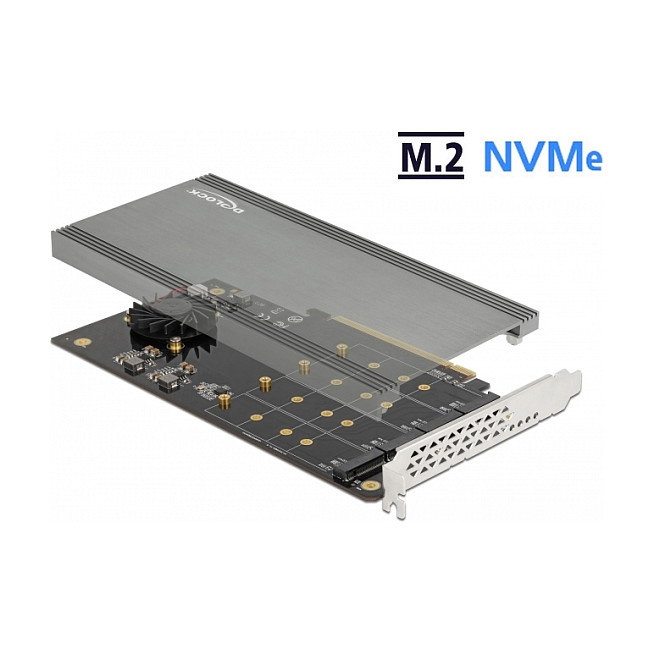 DeLOCK 92371 Tarjeta PCIe x16 a 4 NVMe M.2 Interna con Bifurcación, Disipador y Ventilador - Compatible con Windows 10, Linux, PCI Express 3.0