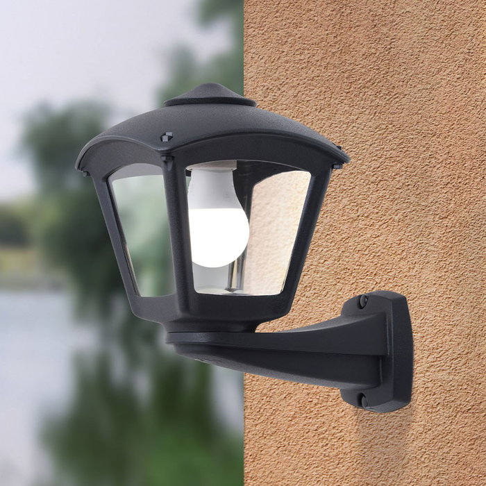 Fumagalli Farol de Pared con Brazo Modelo Nardo/Roby - Negro, IP55 Exterior, Casquillo E27 Max 23W, Transparente, Incluye Fijación, 195x260x275 mm
