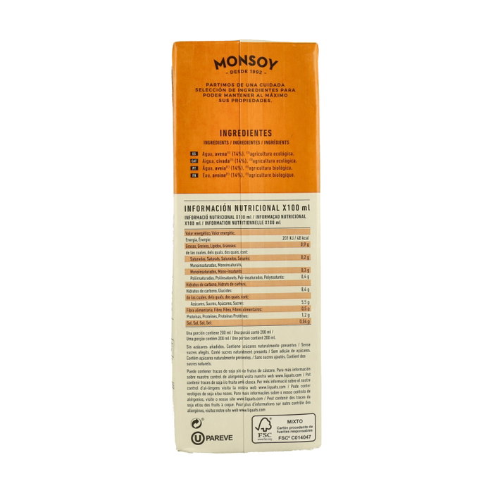 Monsoy Bebida de Avena Bio 1L (Pack de 6 unidades)