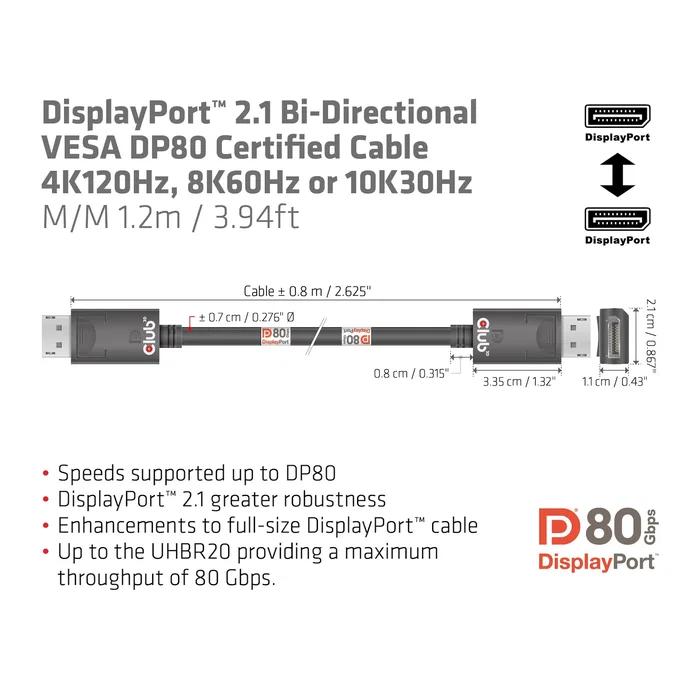 Club 3D CAC-1091 Cable DisplayPort 2.1 VESA DP80 1,2m