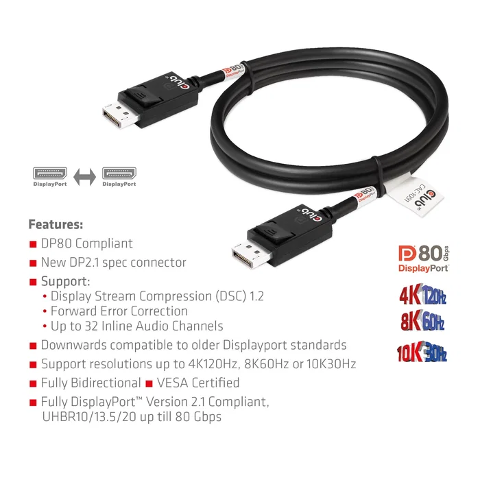 Club 3D CAC-1091 Cable DisplayPort 2.1 VESA DP80 1,2m