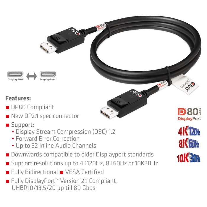 Club 3D CAC-1091 Cable DisplayPort 2.1 VESA DP80 1,2m