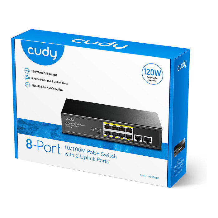 Cudy FS1010P Switch de Red de 8 Puertos PoE+ Gigabit con 2 Puertos de Enlace de Subida y 120W de Potencia para Conectividad Ethernet Completa