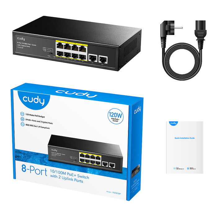 Cudy FS1010P Switch de Red de 8 Puertos PoE+ Gigabit con 2 Puertos de Enlace de Subida y 120W de Potencia para Conectividad Ethernet Completa