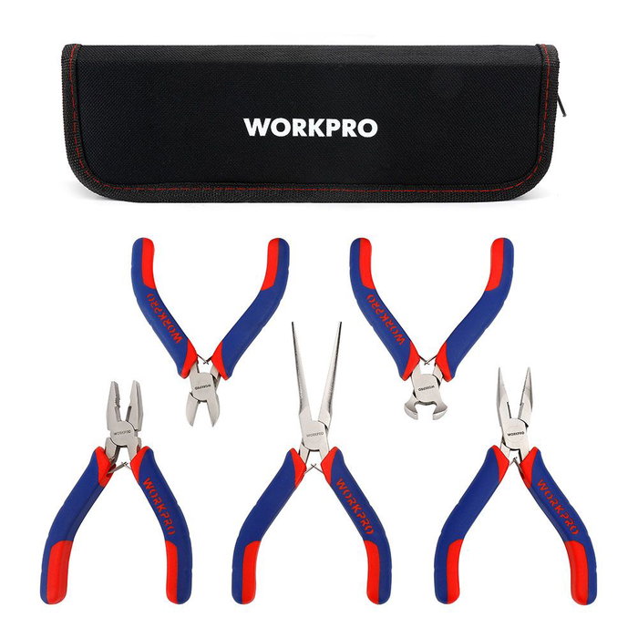 Workpro Juego de Alicates Miniatura 5 Piezas Acero Carbono Forjado Mango Bimaterial Workpro Juego de Alicates Miniatura 5 Piezas Acero Carbono Forjado Mango Bimaterial