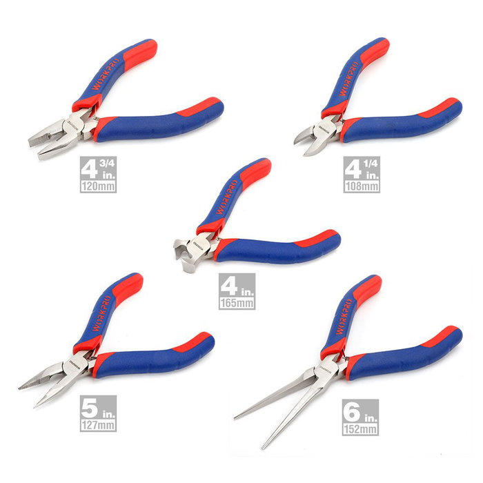 Workpro Juego de Alicates Miniatura 5 Piezas Acero Carbono Forjado Mango Bimaterial Workpro Juego de Alicates Miniatura 5 Piezas Acero Carbono Forjado Mango Bimaterial