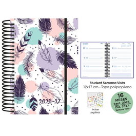 Agenda Anual (2026-27) Senfort 16 Meses Student Decorada Espiral Tapa Pp Con Goma 120X170 S/V Plumas