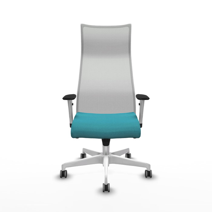 Sillón Albacete con mecanismo Sincro tapizada con Tela color Turquesa y malla color Blanco. Equipado con Base poliamida blanca, Brazos 1D y Ruedas 65 mm parqué