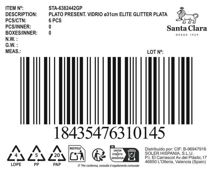 Ybajoplato Plato de Vidrio Elite Glit Plata 31 cm de Diámetro - Colección 230
