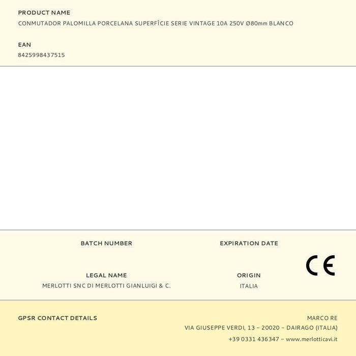 Edm Conmutador de Palomilla Porcelana Superficie Serie Vintage 10A 250V Ø80mm Blanco Edm Conmutador de Palomilla Porcelana Superficie Serie Vintage 10A 250V Ø80mm Blanco