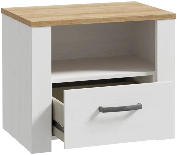 BOHOL Mesita de noche con 1 cajón y 1 estante, Roble/Blanco, 61.6 x 42 x 52 cm