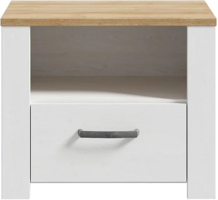 BOHOL Mesita de noche con 1 cajón y 1 estante, Roble/Blanco, 61.6 x 42 x 52 cm
