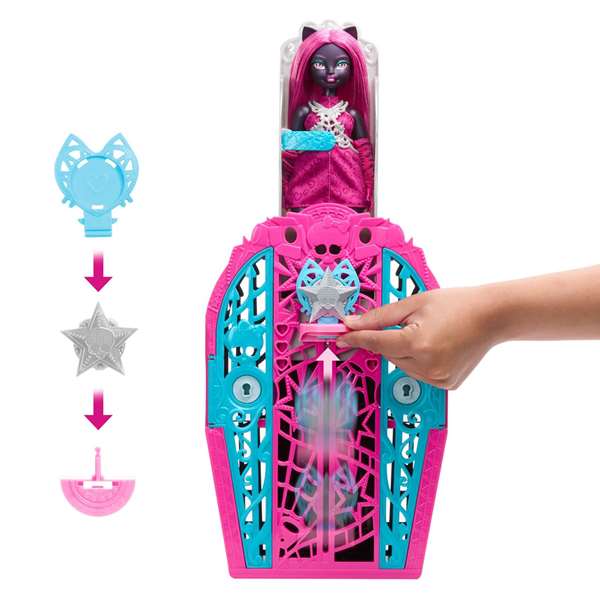 Mattel Muñeca Monster High Skulltimate Secrets Catty con Armario y más de 19 Sorpresas