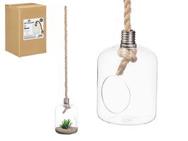 Giftdecor Jarrón Colgar Cuerda Forma Bombilla Pequeño Transparente y Marrón Vidrio Borosilicato y Cáñamo 14.5x21x14.5 cm (Set de 8)