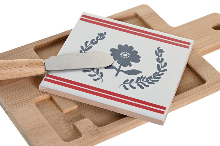 DKD Home Decor Set de 3 Tablas de Aperitivo Casitas en Bambú y Gres
