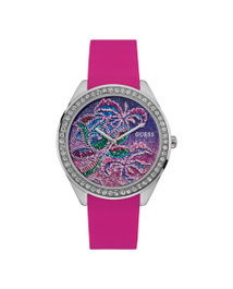Guess W0960L1 con correa de silicona rosa y caja plateada