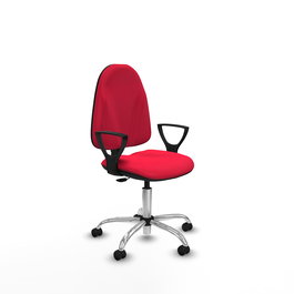 Silla de oficina Algarra con mecanismo Contacto permanente básico tapizada con Tela color Rojo. Equipada con Base cromada, Brazos fijos y Ruedas autofrenantes