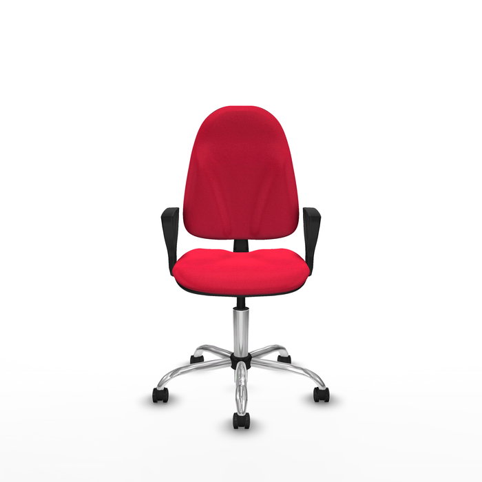 Silla de oficina Algarra con mecanismo Contacto permanente básico tapizada con Tela color Rojo. Equipada con Base cromada, Brazos fijos y Ruedas autofrenantes