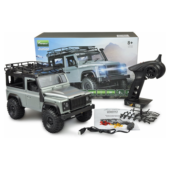 AMEWI D90X12 Camión Oruga RC Crawler 1:12 4x4 Con Motor Eléctrico, Batería LiIon 7.4V 1200mAh, Radio 2.4GHz, Color Negro/Plata, Para Niños 8+ Años