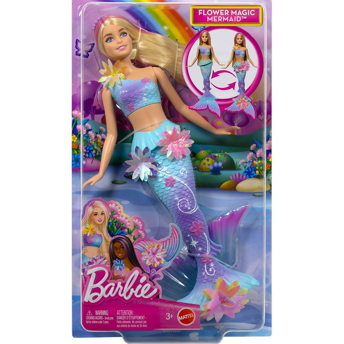 Barbie Muñeca Sirena Florece Mágicas JDM72 Mattel Rubia con Flores Sorpresa y Cola Degradada