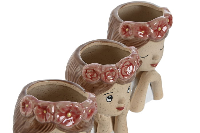 DKD Home Decor Macetero Shabby Busto Niña Chica Beige Blanco Rosa 8.5 x 13 x 7 cm (6 Unidades) Dolomita