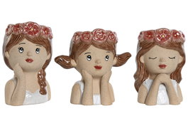 DKD Home Decor Macetero Shabby Busto Niña Chica Beige Blanco Rosa 8.5 x 13 x 7 cm (6 Unidades) Dolomita