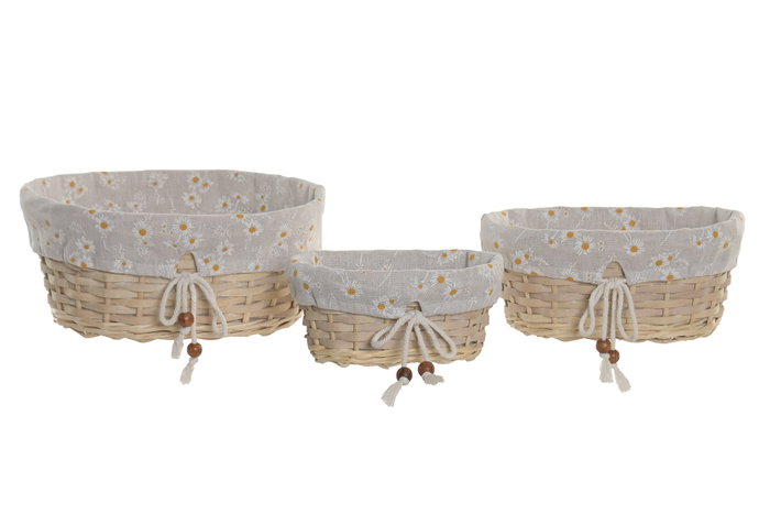 DKD Home Decor Set de 3 Cestas de Mimbre y Algodón Flores Natural DKD Home Decor Set de 3 Cestas de Mimbre y Algodón Flores Natural