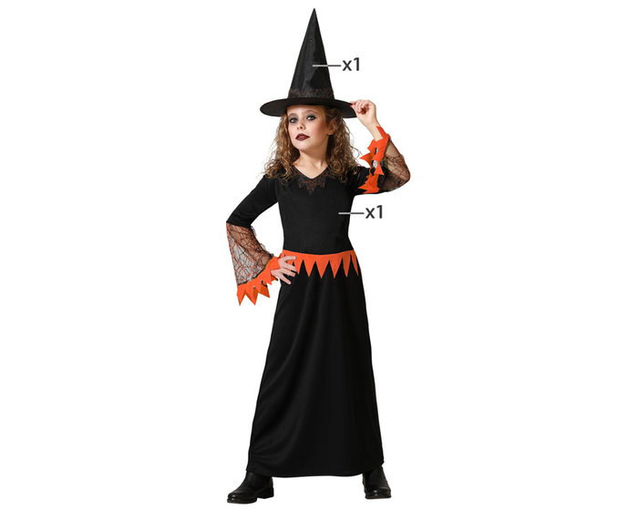 Disfraz Infantil de Bruja Traje Largo Negro y Naranja con Sombrero para Niñas 3-4 Años Disfraz Infantil de Bruja Traje Largo Negro y Naranja con Sombrero para Niñas 3-4 Años