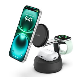 Belkin UltraCharge Pro WIZ040kqCH - Cargador 3 en 1 inalambrico Qi2 MagSafe 25W, Negro, con cable USB-C 1.5 m, para iPhone, AirPods, Apple Watch y mas dispositivos compatibles