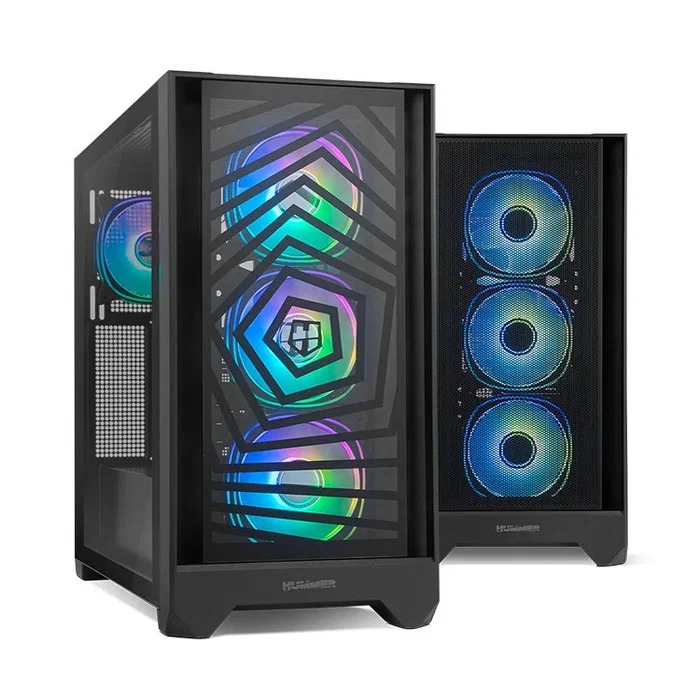 NOX Hummer PLASMA Caja Midi Tower Gaming Negro con 4 Ventiladores ARGB Preinstalados, Panel Frontal Mesh, Lateral de Cristal Templado, USB 3.0 y USB-C