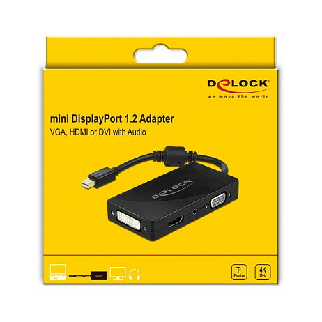 DeLOCK Adaptador Mini DisplayPort 1.2 a VGA, HDMI, DVI y Audio Pasivo 4K Negro, USB 2.0, Conecta 4 Pantallas, Plug and Play